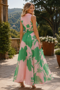 GF1728 FOLIAGE PRINT SLEEVELESS ORGANZA MAXI DRESS