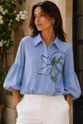 T21222 LINE ART FLOWER PUFF SLEEVE TOP