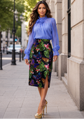 T26001 FLOWER ACCCENT NECKLINE AND CUFFED TOP (GRN, PRPL)