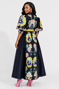W6628 FLORAL PUFF SHORT SLEEVE MIKADO DRESS (ONLY SMALL)