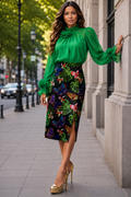 T26001 FLOWER ACCCENT NECKLINE AND CUFFED TOP (GRN, PRPL)