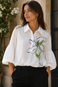 T21222 LINE ART FLOWER PUFF SLEEVE TOP
