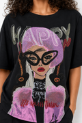 TL0005 HAPPY GLAM RHINESTONE T- SHIRT TOP (BLK, WHT)