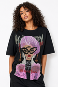 TL0005 HAPPY GLAM RHINESTONE T- SHIRT TOP (BLK, WHT)