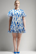 T81107 COLOR DRIP PUFF SLEEVE DRESS (BLUE, WHT)