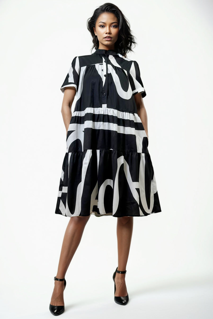 T2536 WAVY STRIPED DRESS (BLK, BLUE)