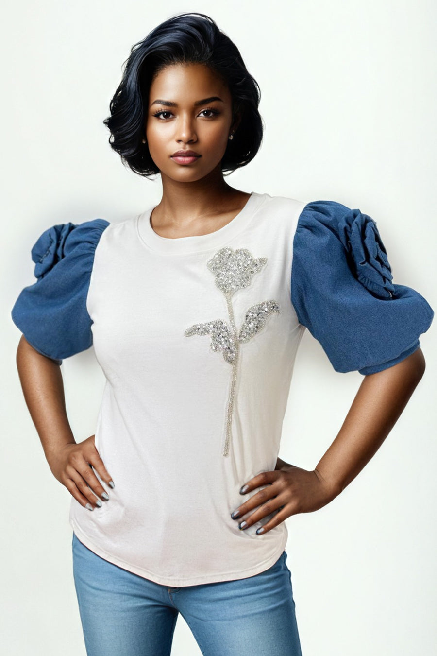 S3039 DENIM ROSE SLEEVE TOP