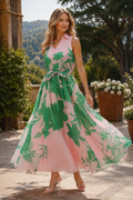 GF1728 FOLIAGE PRINT SLEEVELESS ORGANZA MAXI DRESS