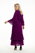 NY0042 DRAMATIC FLOUNCE-SLEEVE MAXI DRESS (PUR, BLK)