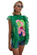 S2302 TULLE AND SEQUIN FLOWER TOP (GRN, BLK, PINK)