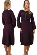M3023 RUFFLE YOKE MIDI DRESS (BURGUNDY/ BLK)