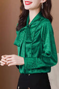 W5039 SATIN LONG SLEEVE BUTTON DOWN NECKTIE TOP (RED, GRN)