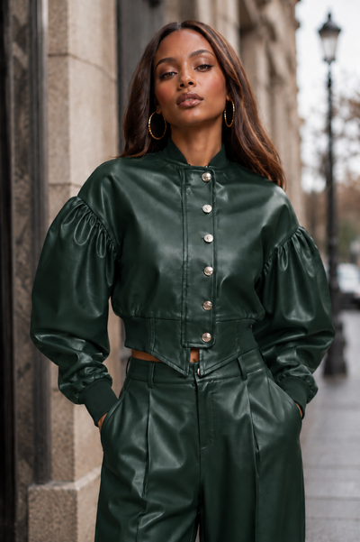 CH0098 PUFF-SLEEVE BOMBER JACKET TOP (BLK, GRN, WIN)
