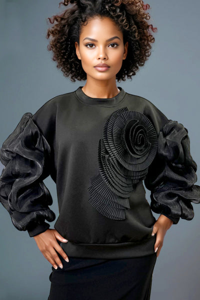 W5891 BLACK ROUND NECK OVERSIZED LONG SLEEVE SWEATER TOP