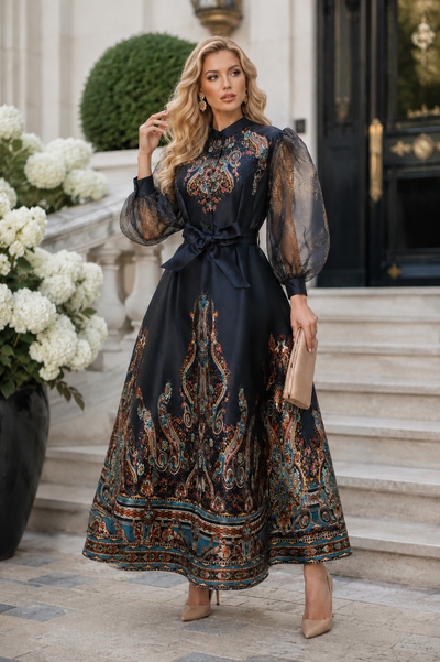 CH902 PAISLEY PRINT SHEER SLEEVE MIKADO MAXI DRESS