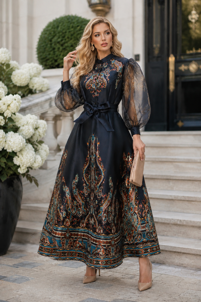 CH902 PAISLEY PRINT SHEER SLEEVE MIKADO MAXI DRESS