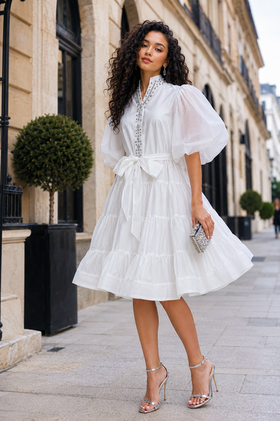 X8079 CRYSTAL EMBELLISHED ORGANZA MIDI DRESS