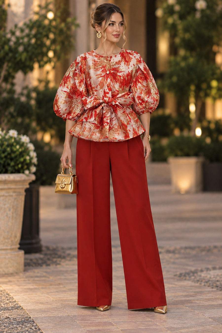 T26023 METALLIC BROCADE PEPLUM TOP
