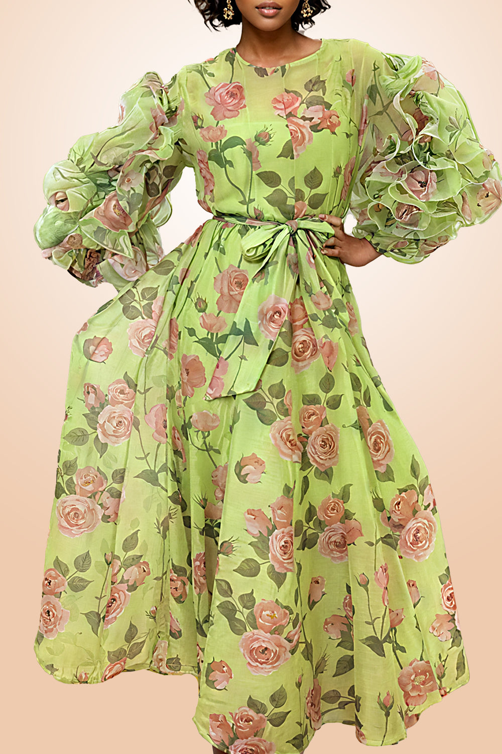X7686 FLORAL RUFFLE SLEEVE DRESS (PINK, GRN) – N by Nancy