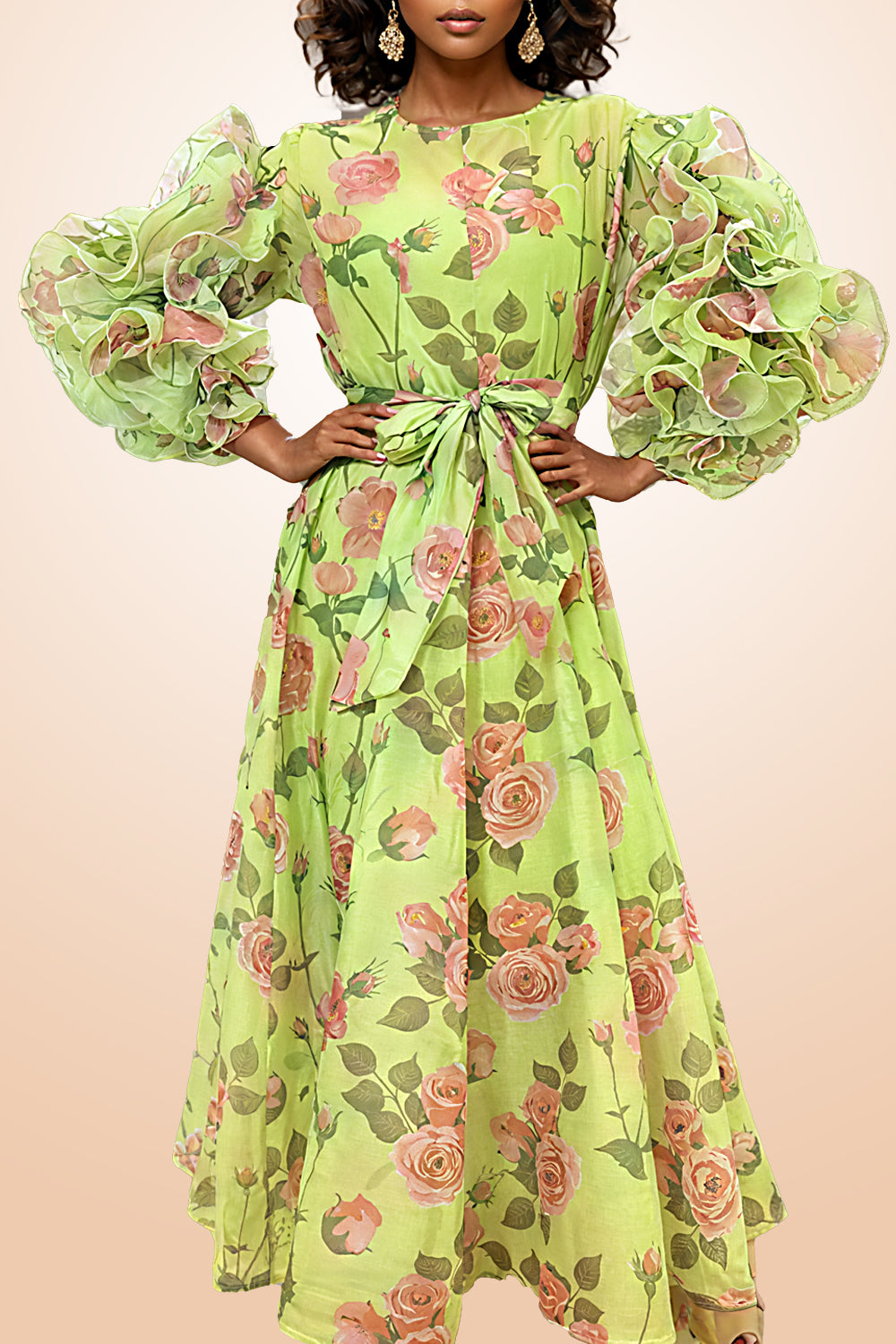 X7686 FLORAL RUFFLE SLEEVE DRESS (PINK, GRN) – N by Nancy