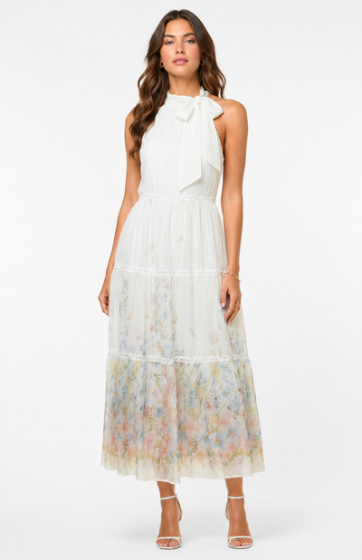 CH0226 TIE-NECK TIERED MAXI DRESS