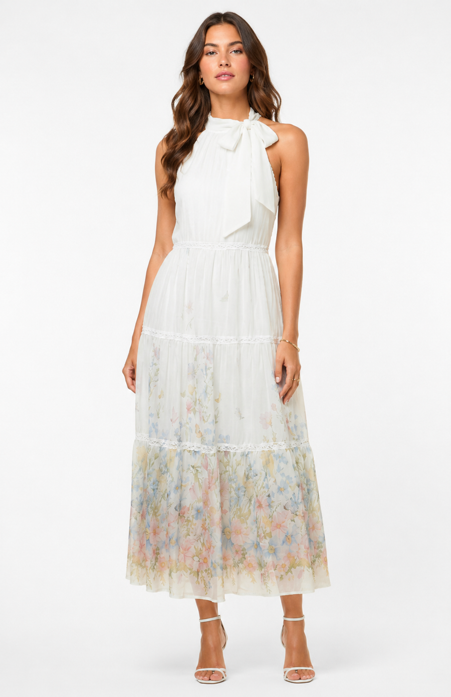 CH0226 TIE-NECK TIERED MAXI DRESS