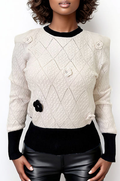 LS62074 RHINESTONE FLOWER SWEATER (WHT, GRN)