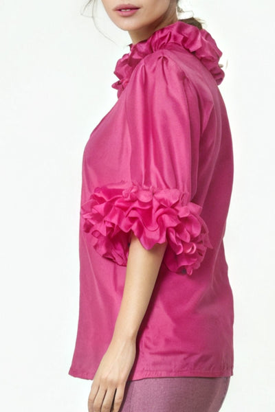 T2570 RUFFLE TRIM TOP (PINK, WHT)