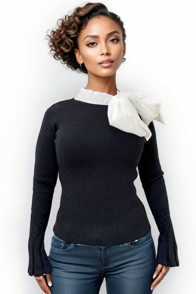 SK1020A BOWTIE SWEATER (BLK, BEIGE)
