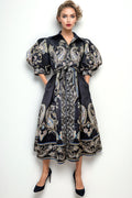 W5152B PUFF SLEEVE PAISLEY PRINT DRESS