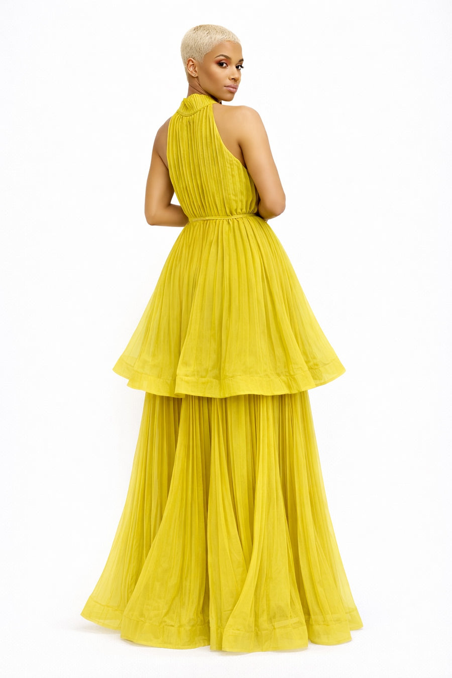 GF1623 PLEATED TIERED HALTER MAXI DRESS (RED, YEL, BLU, WHT)