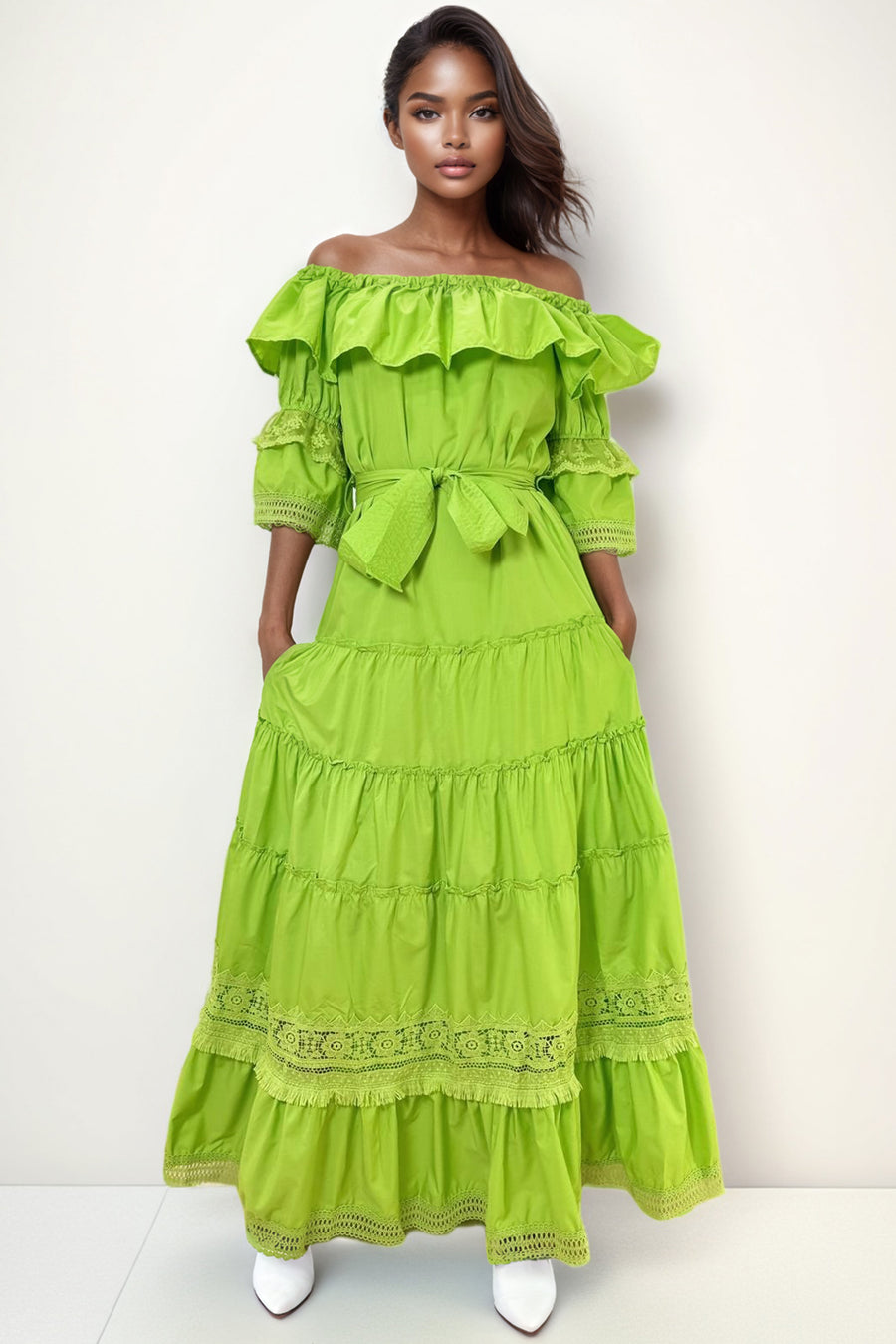 P102 TIERED COTTON DRESS (WHT, PINK, GRN) N by Nancy P102 TIERED COTTON DRESS (WHT, PINK, GRN) N by Nancy