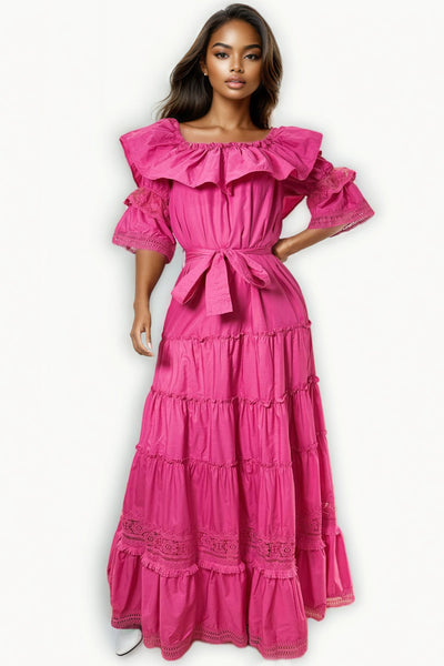 P102 TIERED COTTON DRESS (WHT, PINK, GRN)