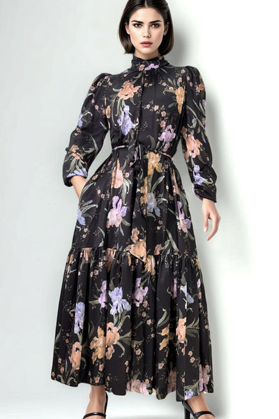 A94091 HIGH NECK FLORAL DRESS