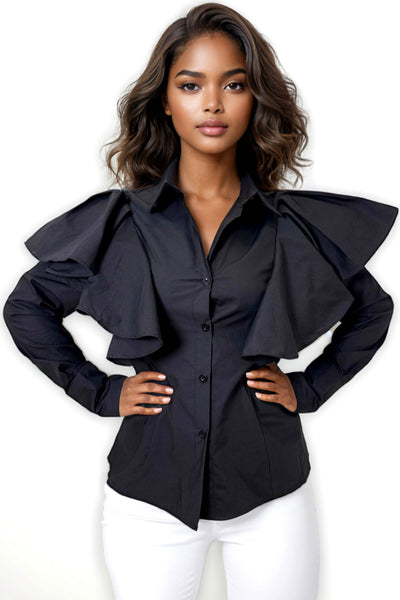 W8580B BUTTON DOWN LONG SLEEVE COTTON TOP (KHAKI, BLK)