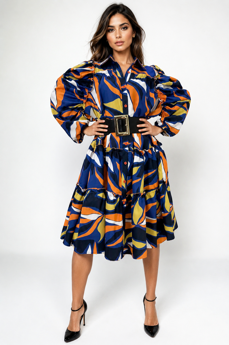 W89991 TIERED BUTTON-DOWN DRESS