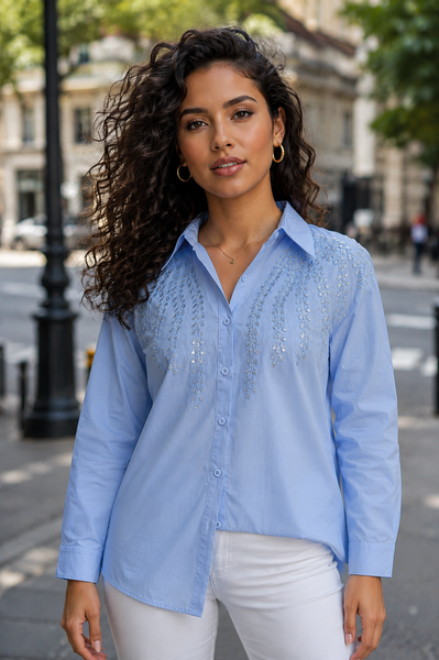 S3171 EMBELLISHED BOTANICAL TOP (BLU, BLK)