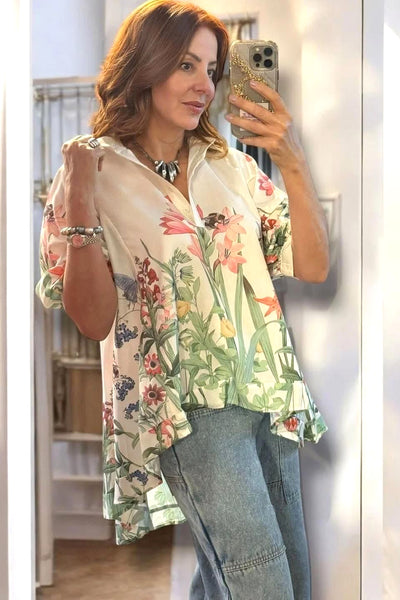 A90015A GATHERED SLEEVE HI-LO TOP