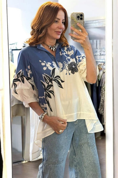 A90015C GATHERED SLEEVE HI-LO TOP (S, M)