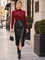 T1205A FAUX LEATHER FRONT SLIT MIDI SKIRT (WINE, BLK)