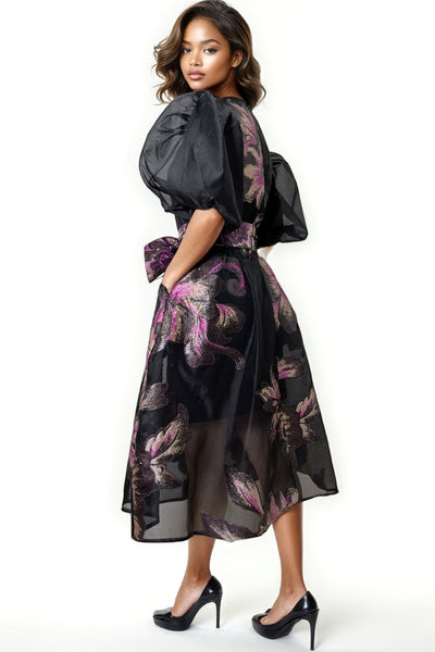 T2579 PUFF SLEEVE BROCADE DRESS