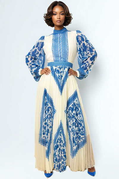 X7965 FLORAL PLEATED DRESS (BLK, BLUE)