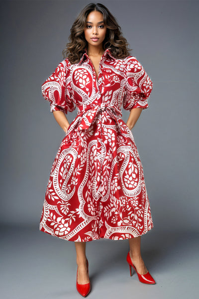 W5152R PUFF SLEEVE MIDI DRESS
