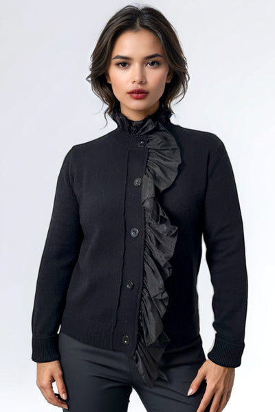 SK007 RUFFLE NECK CARDIGAN SWEATER (NAVY, BLK)