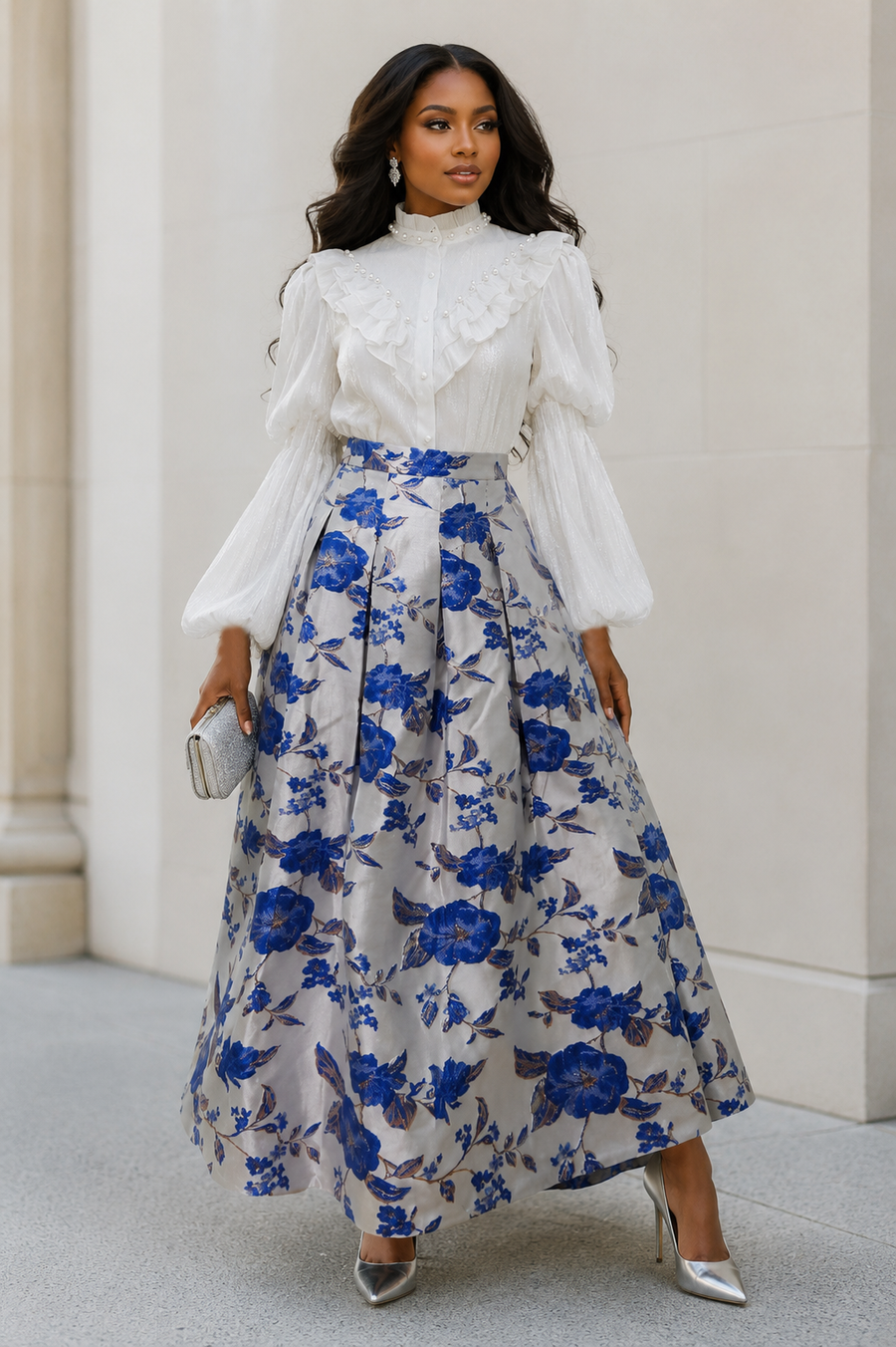 TL90652 PLEATED BROCADE MAXI SKIRT