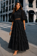 C3175 LUXE FEATHER-LEAF ORGANZA MAXI DRESS (WHT, BLK)