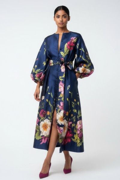 A95116 FLORAL PUFF SLEEVE DRESS (BLK, BLUE)