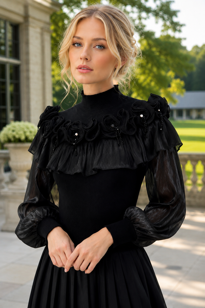 7875 ROSETTE EMBELLISHED MOCK NECK SWEATER