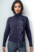 SK007 RUFFLE NECK CARDIGAN SWEATER (NAVY, BLK)