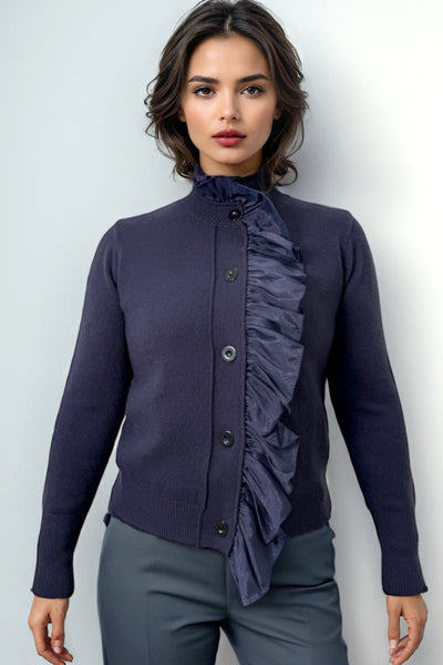 SK007 RUFFLE NECK CARDIGAN SWEATER (NAVY, BLK)